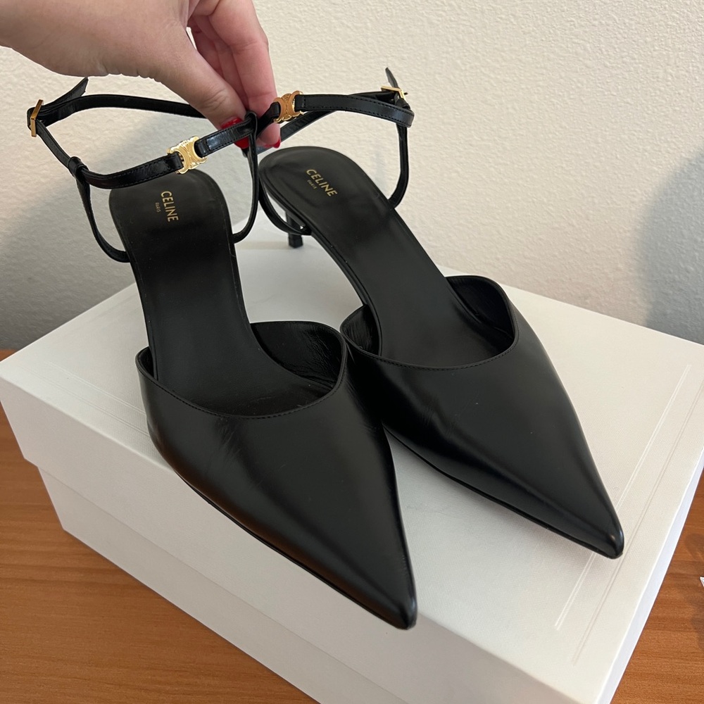 Celine Kitten T-Strap Heels with gold Triomphe Detail